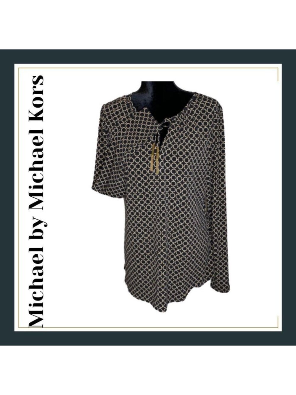 MICHAEL Michael Kors Womens L Black Beige Geometric Print Zip Neck Tunic Top
